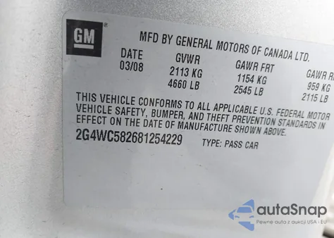 2008 Buick Lacrosse Cx from USA, damaged, VIN 2G4WC582681254229